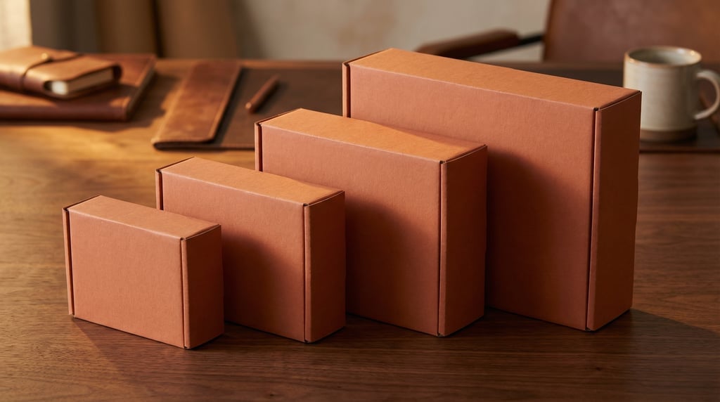 Mailer box, row of boxes in graduated sizes, matte terracotta finish