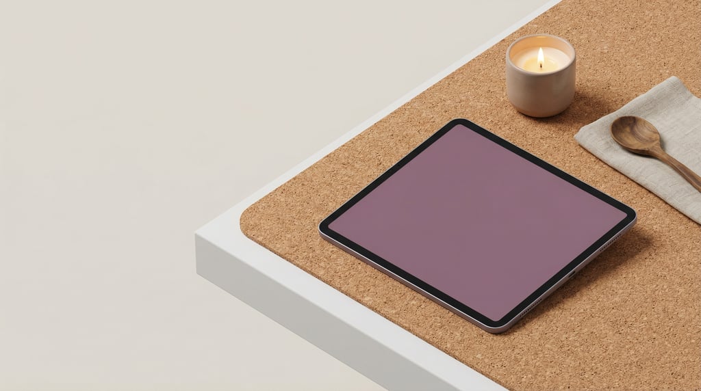 Isometric view, pro tablet on a cork desk surface