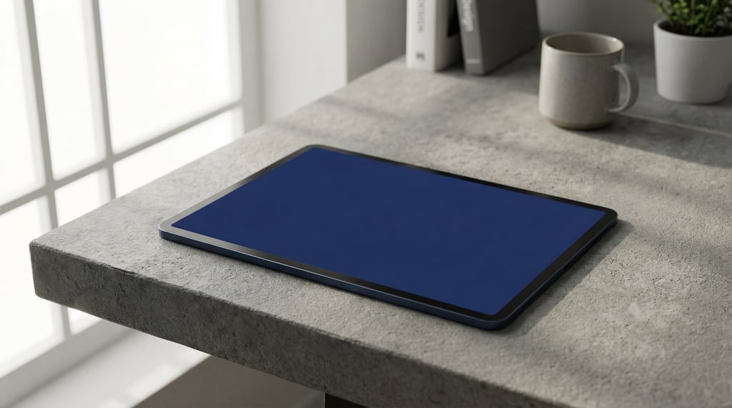 Large tablet on a concrete desk, blank solid navy screen with no content or UI