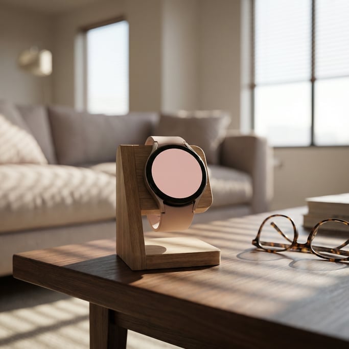 Smartwatch on a stand on a coffee table, blank solid blush pink watch face with no content