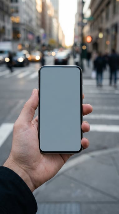 Hand holding a modern smartphone with blurred city street behind