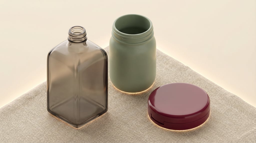 Isometric view, square glass bottle in smoked glass and mason-style jar in matte sage and cosmetic c