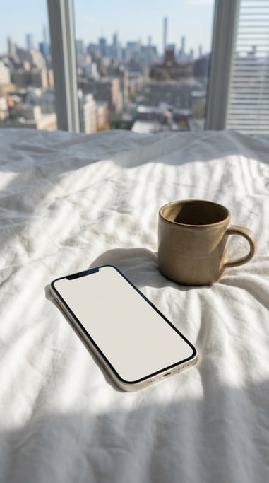 Modern smartphone on a soft white bedsheets, blank solid bone white screen with no content or UI