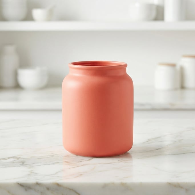 Wide-mouth jar in matte coral, single centered on a clean surface