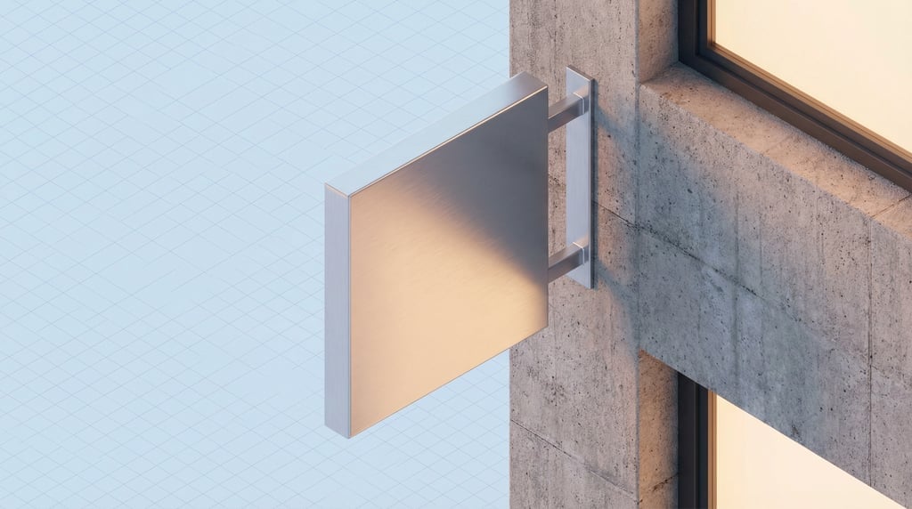 Isometric view, square wall-mounted blade sign attached to a textured concrete building facade