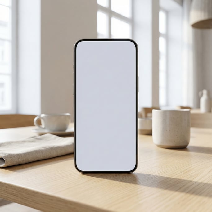 Large-screen smartphone on a restaurant table, blank solid pale grey screen with no content or UI