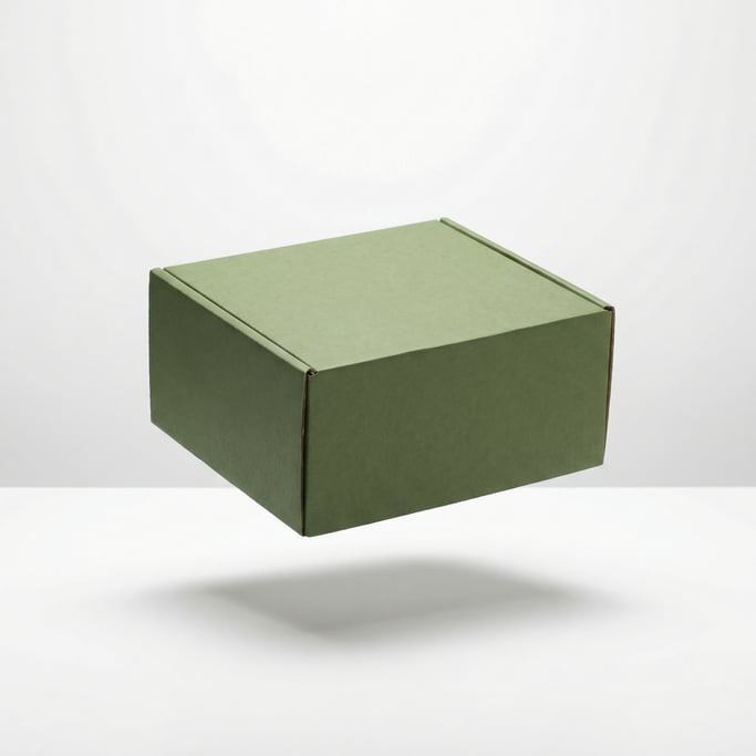 Kraft cardboard box, single box floating with shadow below, matte moss green finish