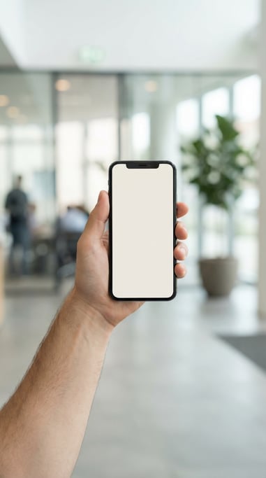 Hand holding a modern smartphone in a modern office lobby