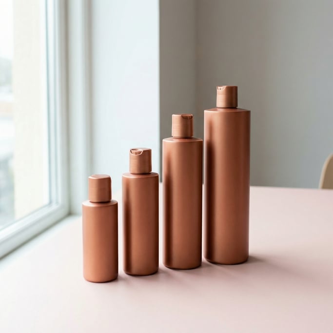 Flip-top squeeze bottle in matte copper, row of four in graduated heights