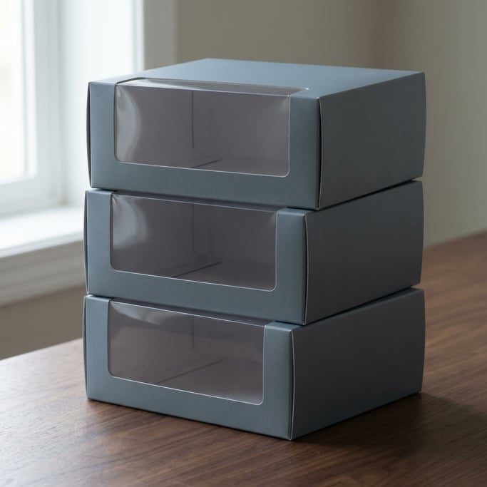 Display box with window cutout, stack of three boxes, matte slate grey finish