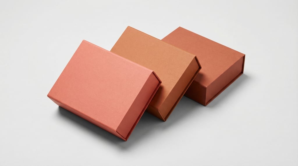 Magnetic closure box, three boxes fanned out, each a different color — matte coral