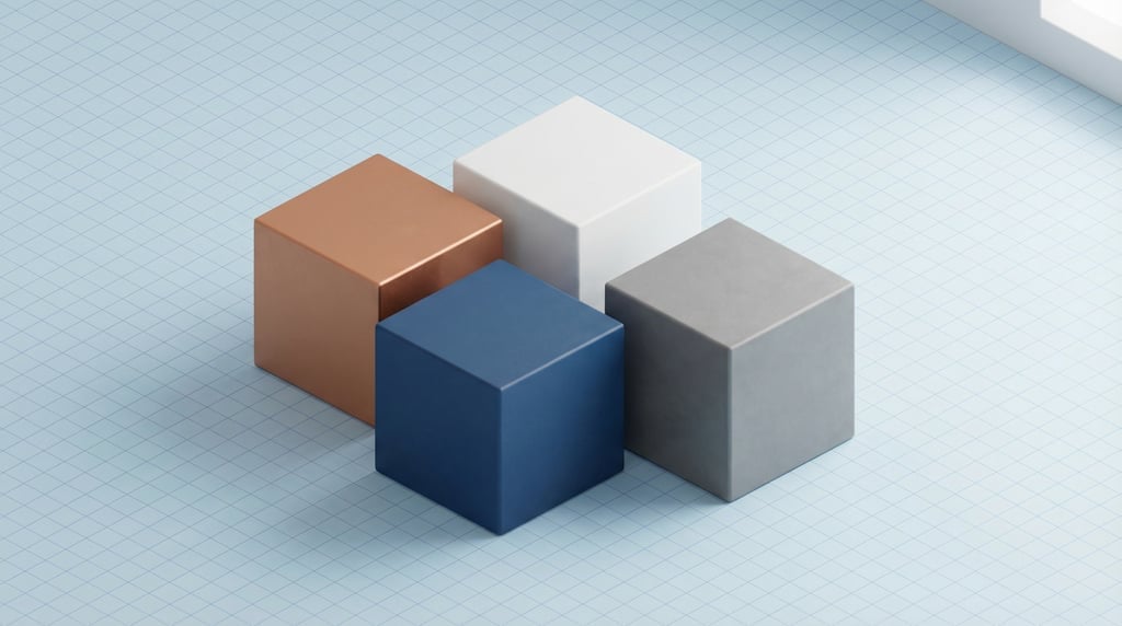 Isometric view, cube-shaped box, four boxes arranged at slight angles