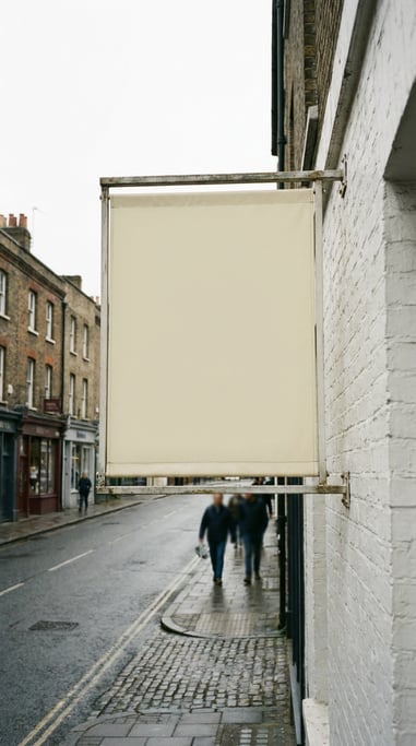 Canopy-mounted sign mounted on a white brick wall