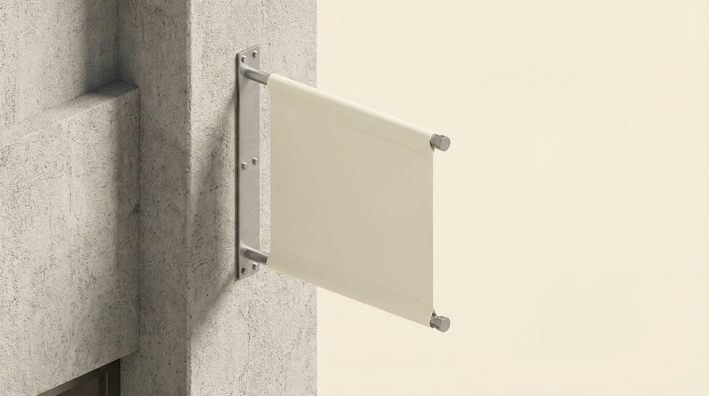 Isometric view, flag banner on a building attached to a textured concrete building facade