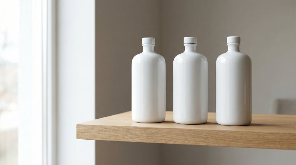 Water bottle in glossy white, three in a row, completely blank with no text labels or branding