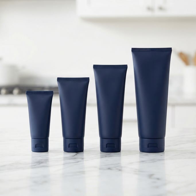 Flip-top squeeze bottle in matte navy, row of four in graduated heights