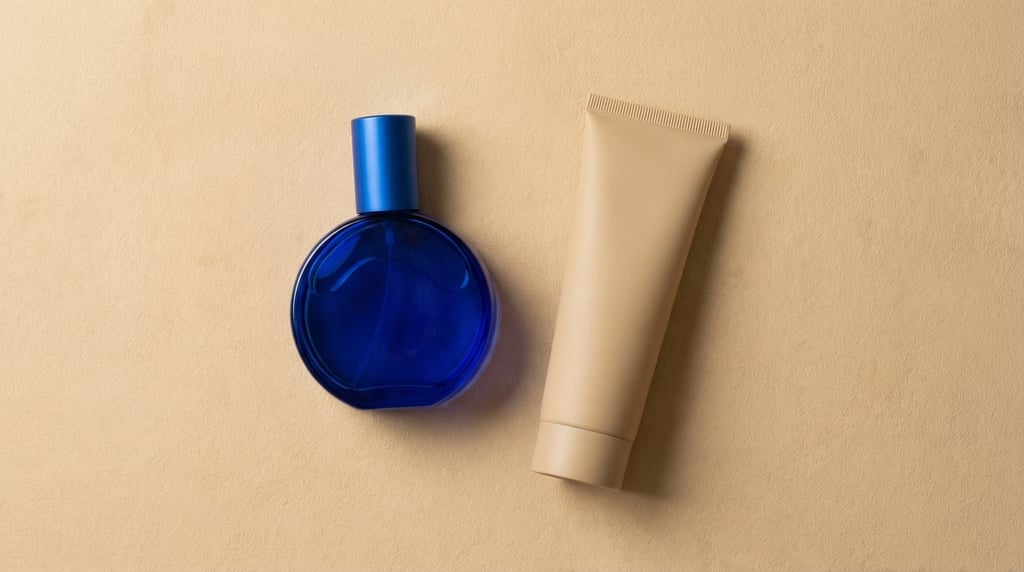 Round glass bottle with cap in cobalt blue glass and cosmetic tube in matte sand