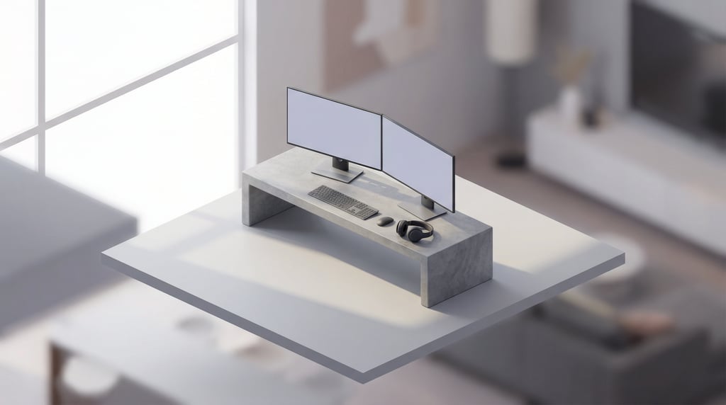 Isometric view, dual monitor setup on a concrete bench