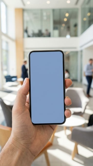 Hand holding a smartphone in a modern office lobby