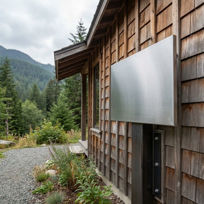 Wayfinding sign on a pedestal attached to a wooden building facade