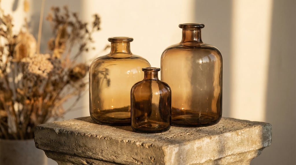 Wide glass bottle in smoked glass, cluster of three different sizes