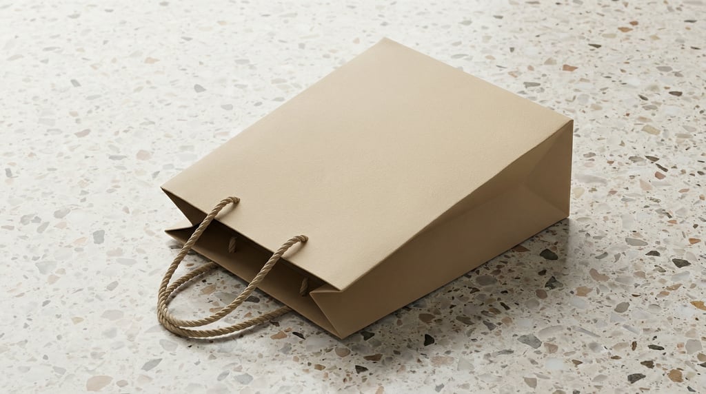 Premium paper shopping bag with rope handles in matte sand, lying on its side