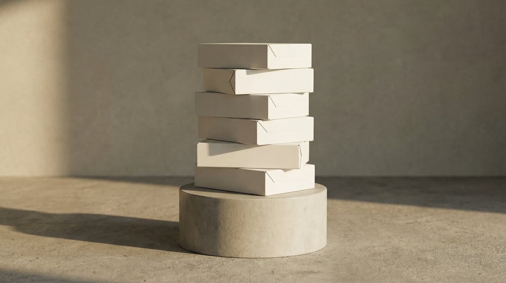 Tuck-end box, boxes stacked vertically on a pedestal, matte white finish