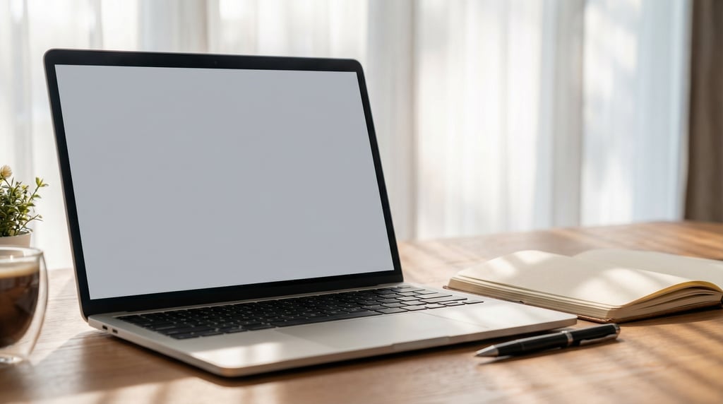 Professional laptop on a restaurant table, blank solid light grey screen with no content or UI