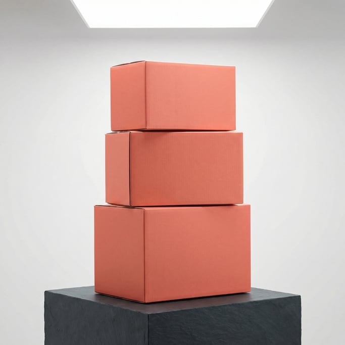 Large shipping box, boxes stacked vertically on a pedestal, matte coral finish