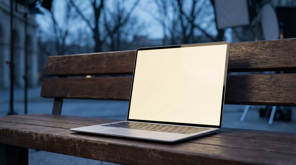 Sleek laptop on a wooden bench, blank solid cream screen with no content or UI