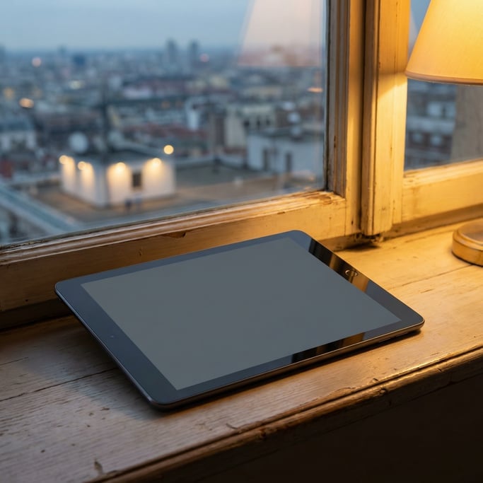 Pro tablet on a windowsill, blank solid slate screen with no content or UI, rooftop with city view