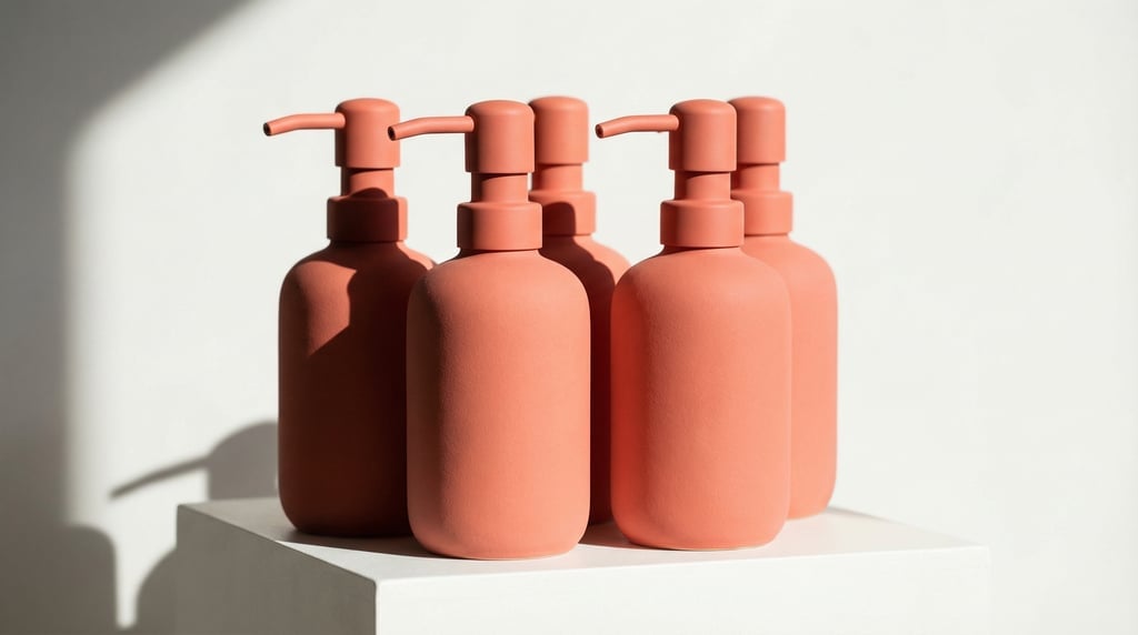 Pump dispenser bottle in matte coral, group of five arranged casually