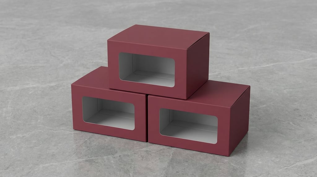 Display box with window cutout, pyramid of three boxes, matte burgundy finish
