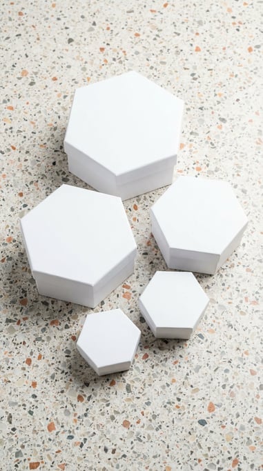 Hexagonal box, scattered arrangement of five boxes, matte white finish