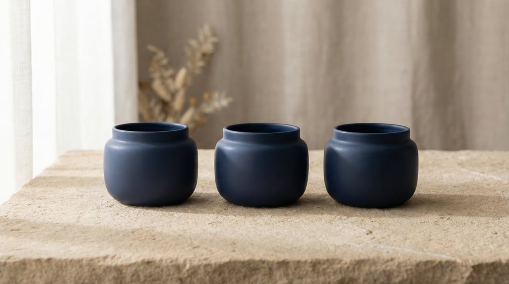Small round jar in matte navy, three in a row, completely blank with no text labels or branding