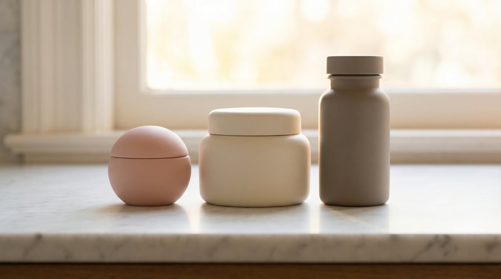 Small round jar in matte blush pink and wide-mouth jar in matte cream and medicine bottle in matte w