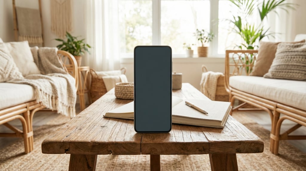 Modern smartphone on a coffee table, blank solid charcoal screen with no content or UI
