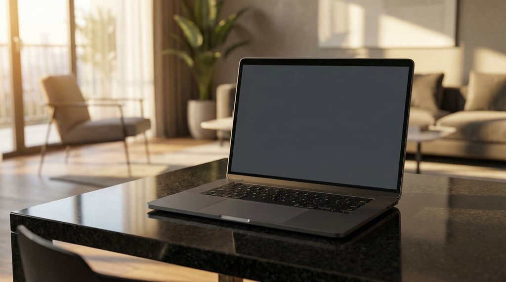 Thin modern laptop on a polished black granite surface