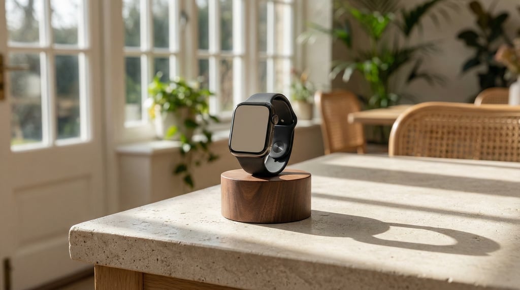 Smartwatch on a stand on a stone countertop, blank solid warm grey watch face with no content