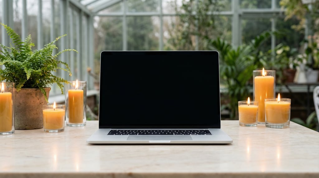 Lightweight laptop on a pale marble surface, blank solid matte black screen with no content or UI
