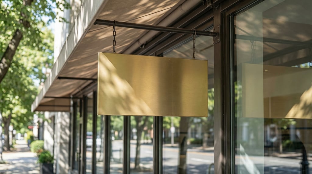 Canopy-mounted sign outside a glass storefront