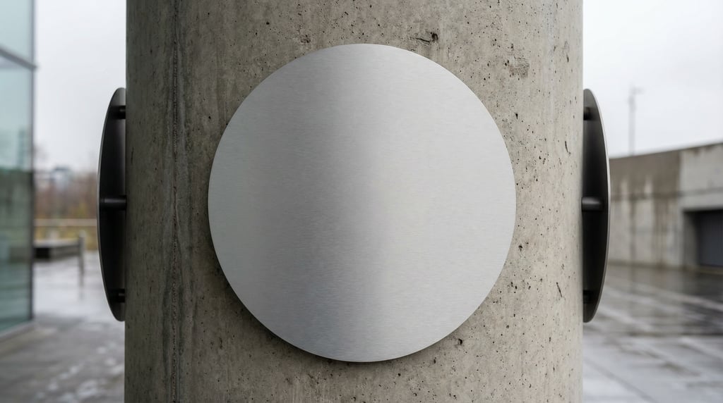 Round wall-mounted sign on a modern concrete pillar