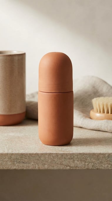Roll-on bottle in matte terracotta, single centered on a clean surface