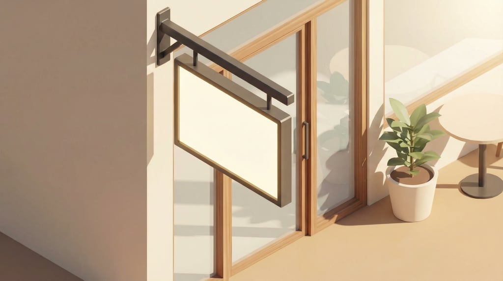 Isometric view, rectangular hanging sign outside a glass storefront