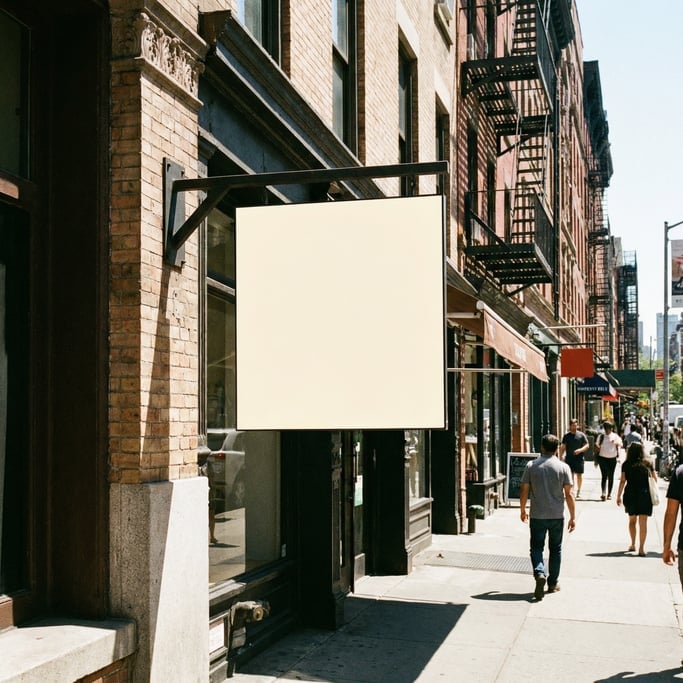 Square wall-mounted blade sign on a city sidewalk
