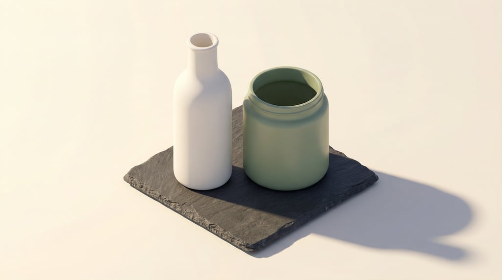 Isometric view, tall slim glass bottle in matte white and wide-mouth jar in matte sage