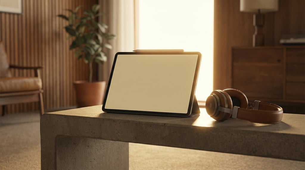 Pro tablet on a concrete bench, blank solid pale gold screen with no content or UI