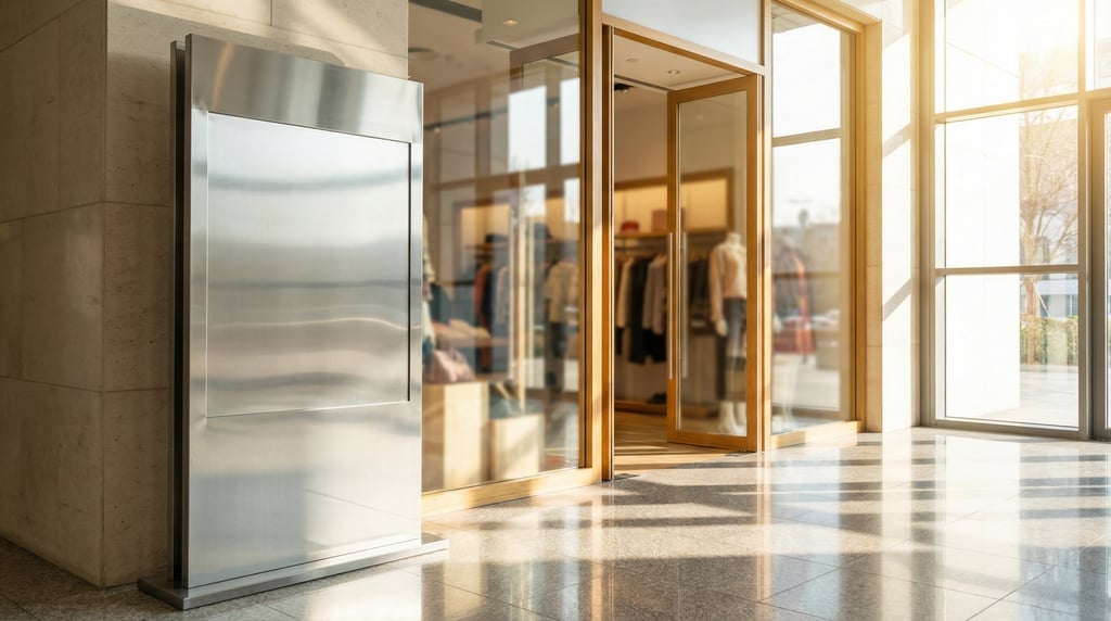 Directory sign in a lobby beside a retail storefront
