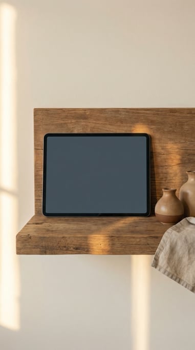 Tablet face up on a floating shelf, blank solid slate screen with no content