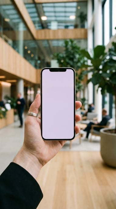 Hand holding a smartphone in a modern office lobby